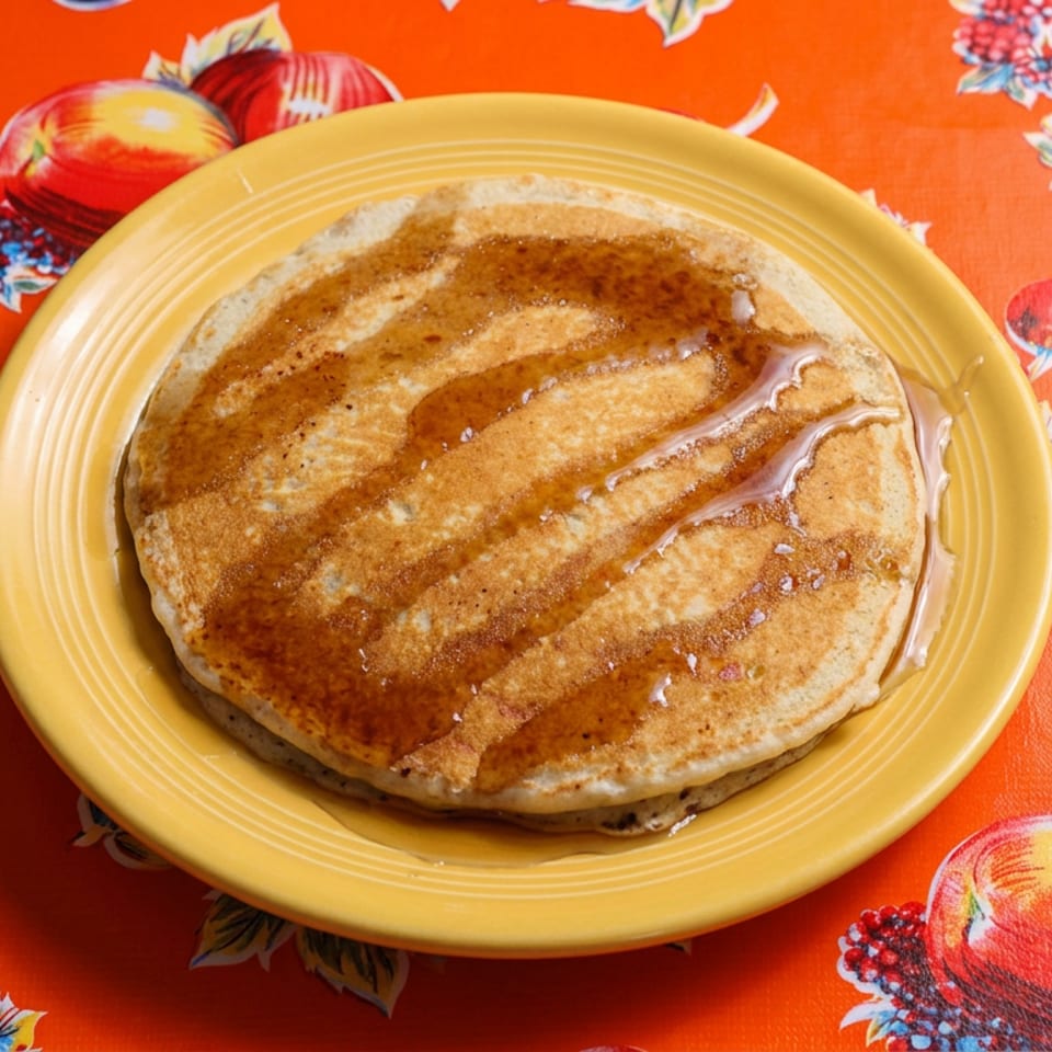 Stack of pancakes drizzled with syrup on a yellow plate atop a colorful fruit-patterned tablecloth.