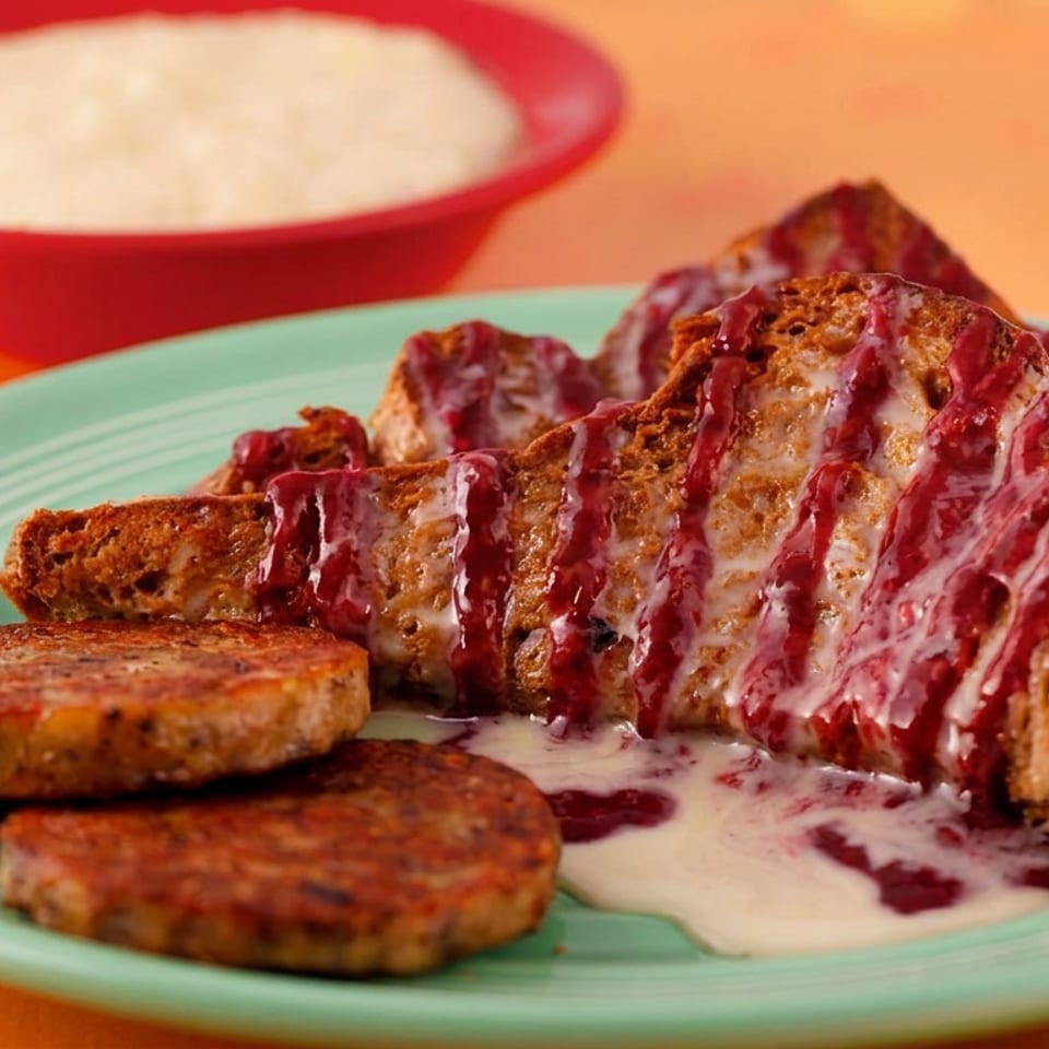 Crispy fried pastries and sausage-like patties on a green plate, drizzled with red and creamy sauces beside a bowl of rice.