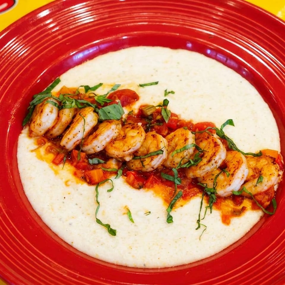 Shrimp and creamy grits topped with tomato sauce and herbs on a red plate over a colorful chili pepper tablecloth.
